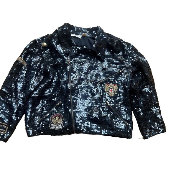 French Collizioni Size S Black Vintage Sequin Embroidered Patches Moto Jacket - Picture 1 of 16